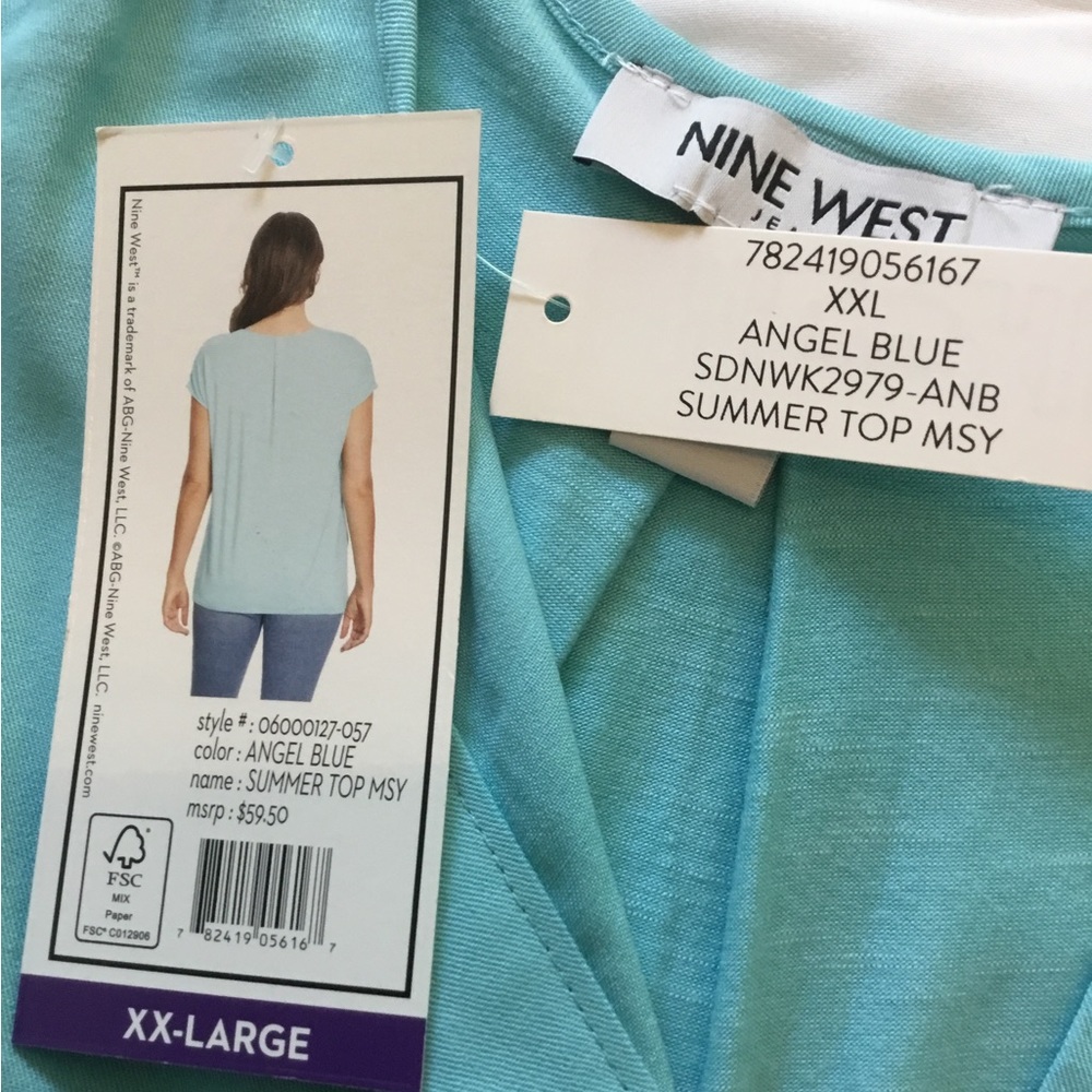 NINE WEST Angel blue/ aqua Summer Top.XXL cap sleeve. NWT. 2 Buttons on V-neck - Picture 4 of 8